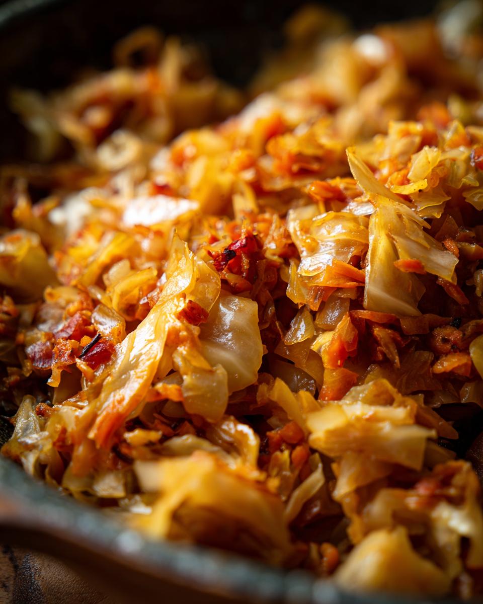 Nahaufnahme von herzhaftem Schmorkohl mit Hackfleisch, goldbraun geschmort und appetitlich.