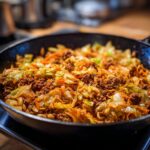 Nahaufnahme von herzhaftem Schmorkohl mit Hackfleisch, der in einer schwarzen Pfanne zubereitet wird. Mit Karotten und Kohl.