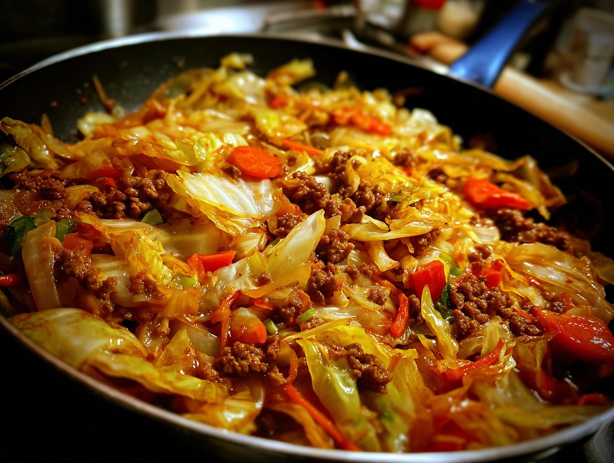 Nahaufnahme von herzhaftem Schmorkohl mit Hackfleisch und Karotten in einer Pfanne, dampfend und appetitlich.