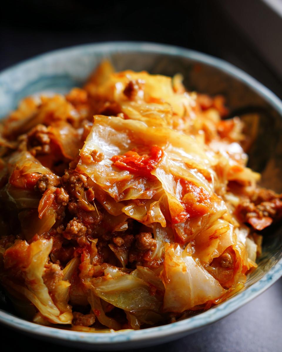 Eine Schüssel voller herzhaftem Schmorkohl mit Hackfleisch, dampfend und appetitlich.