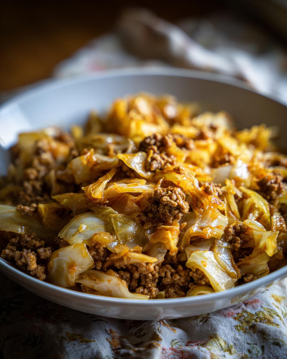 Nahaufnahme von herzhaftem Schmorkohl mit Hackfleisch in einer Schüssel, perfekt für ein deftiges Essen.