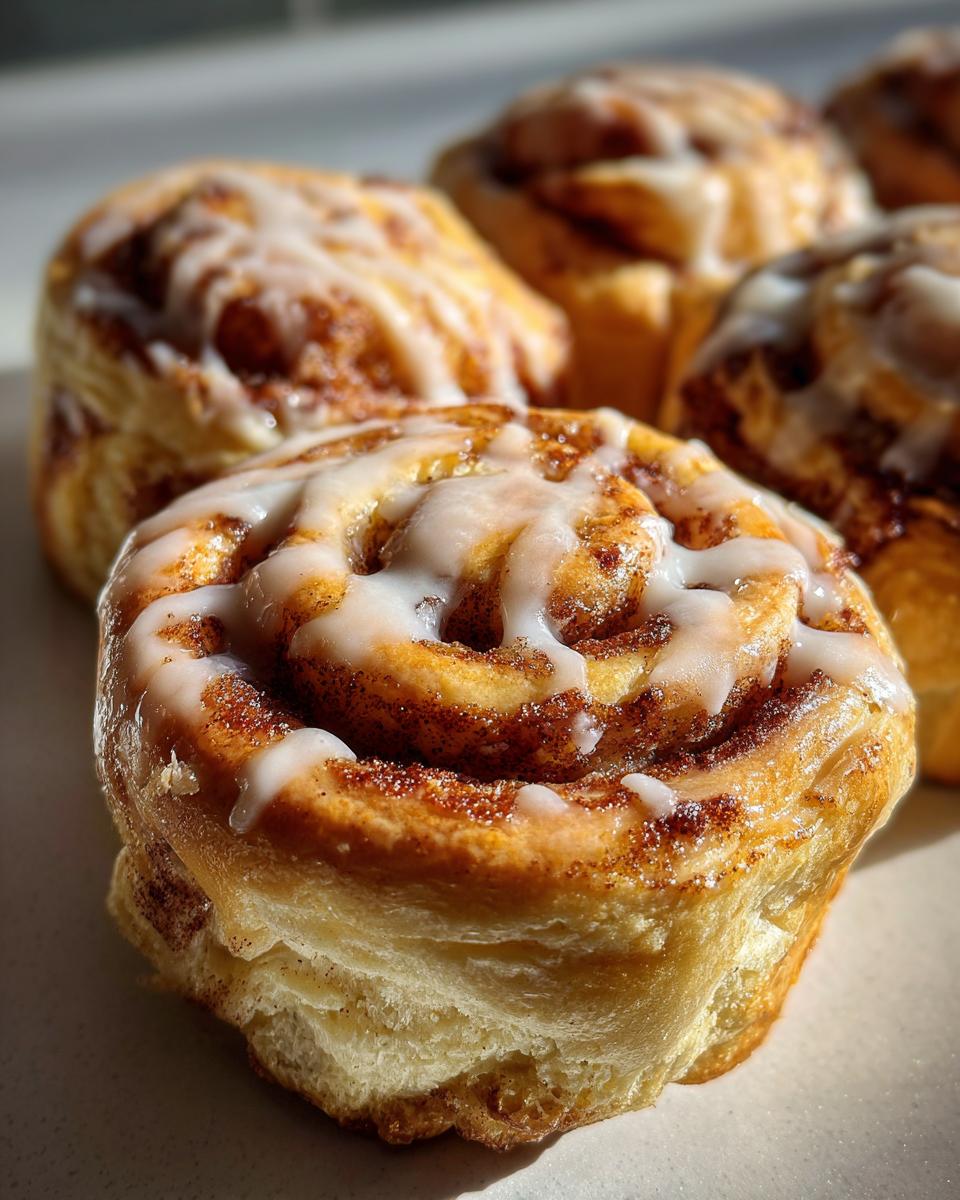 Nahaufnahme eines fluffigen Cinnamon Roll Bites, großzügig mit weißem Zuckerguss überzogen.