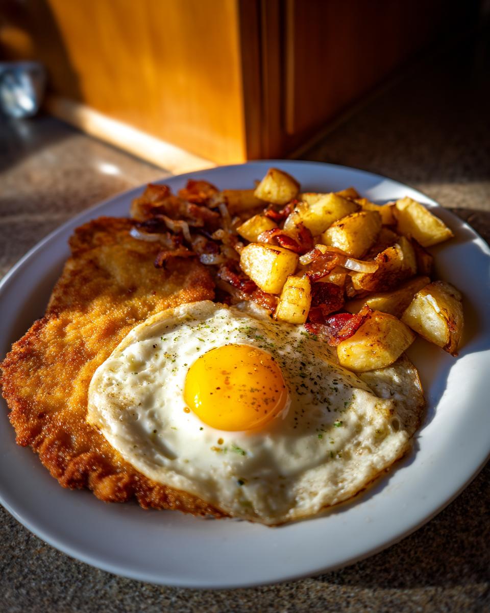 Ein Teller mit Schnitzel Holsteiner Art, darauf ein Spiegelei und goldbraune Bratkartoffeln mit Zwiebeln.