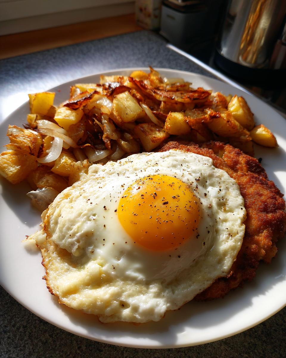 Ein Teller mit Schnitzel Holsteiner Art, einem goldbraunen Spiegelei und knusprigen Bratkartoffeln mit Zwiebeln.