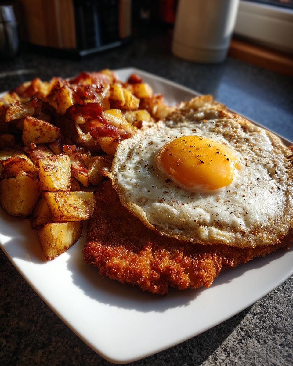 Ein Teller mit Schnitzel „Holsteiner Art“ mit Spiegelei und Bratkartoffeln, appetitlich angerichtet.
