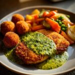 Ein Teller mit Schnitzel in Kräuterrahm, dazu bunte Gemüsebeilage und goldbraune Kroketten.
