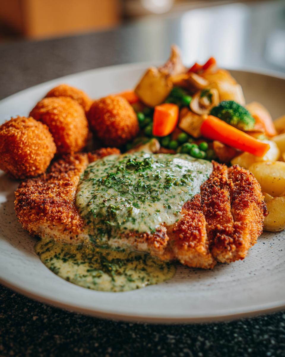 Ein Teller mit Schnitzel in Kräuterrahm, dazu Gemüse und goldbraune Kroketten.