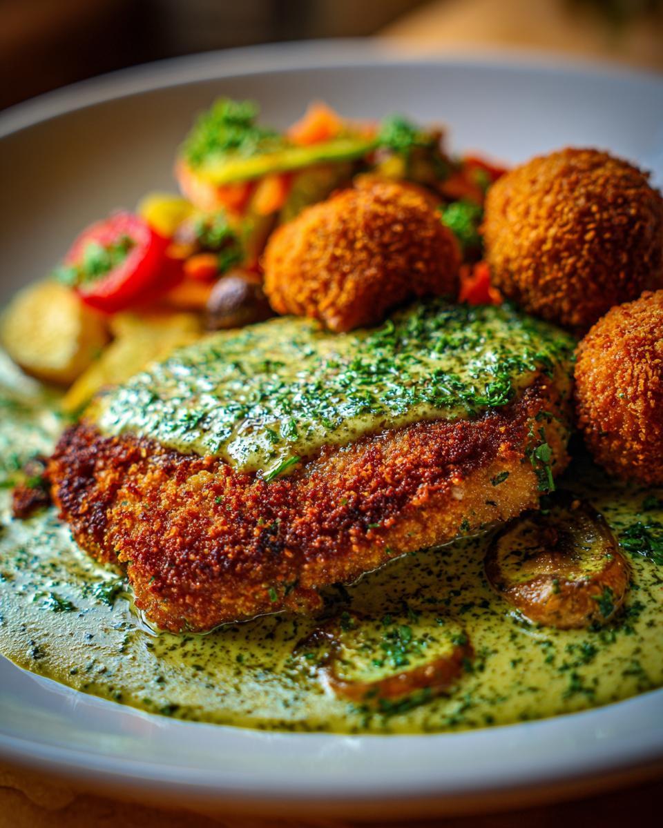 Herzhaftes Schnitzel in Kräuterrahmsoße mit knusprigen Kroketten und buntem Gemüse.