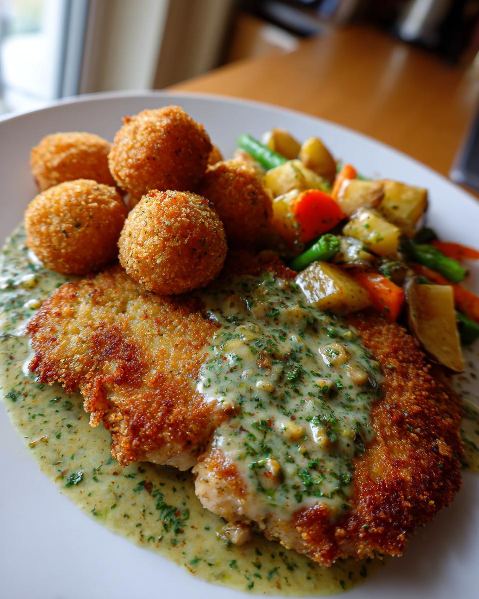 Ein Teller mit saftigem Schnitzel in Kräuterrahm, dazu knackiges Gemüse und goldbraune Kroketten.