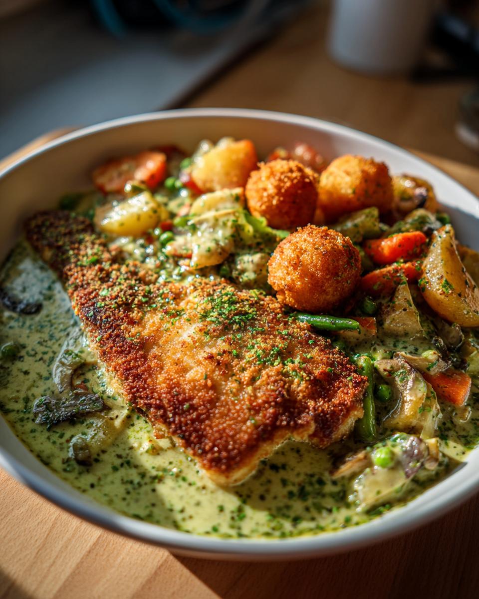 Ein goldbraunes Schnitzel in cremiger Kräutersoße, serviert mit buntem Gemüse und knusprigen Kroketten.