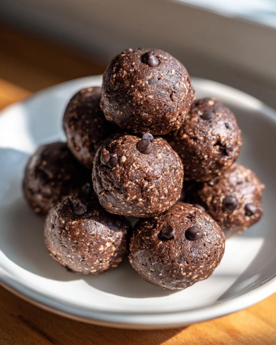 Ein Stapel saftiger Schoko-Erdnussbutter-Cookie-Dough-Bites, verziert mit Schokotropfen, auf einem weißen Teller.