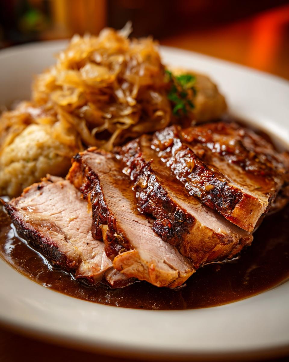 Aufgeschnittener Schweinebraten mit dunkler Soße, dazu Knödel und Kraut: Knedlo Vepřo Zelo.