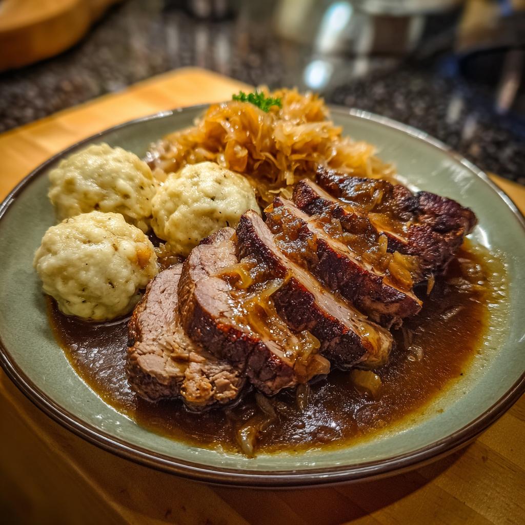 Anschnitt vom Schweinebraten mit dunkler Soße, dazu Knödel und Kraut – das perfekte Knedlo Vepřo Zelo.