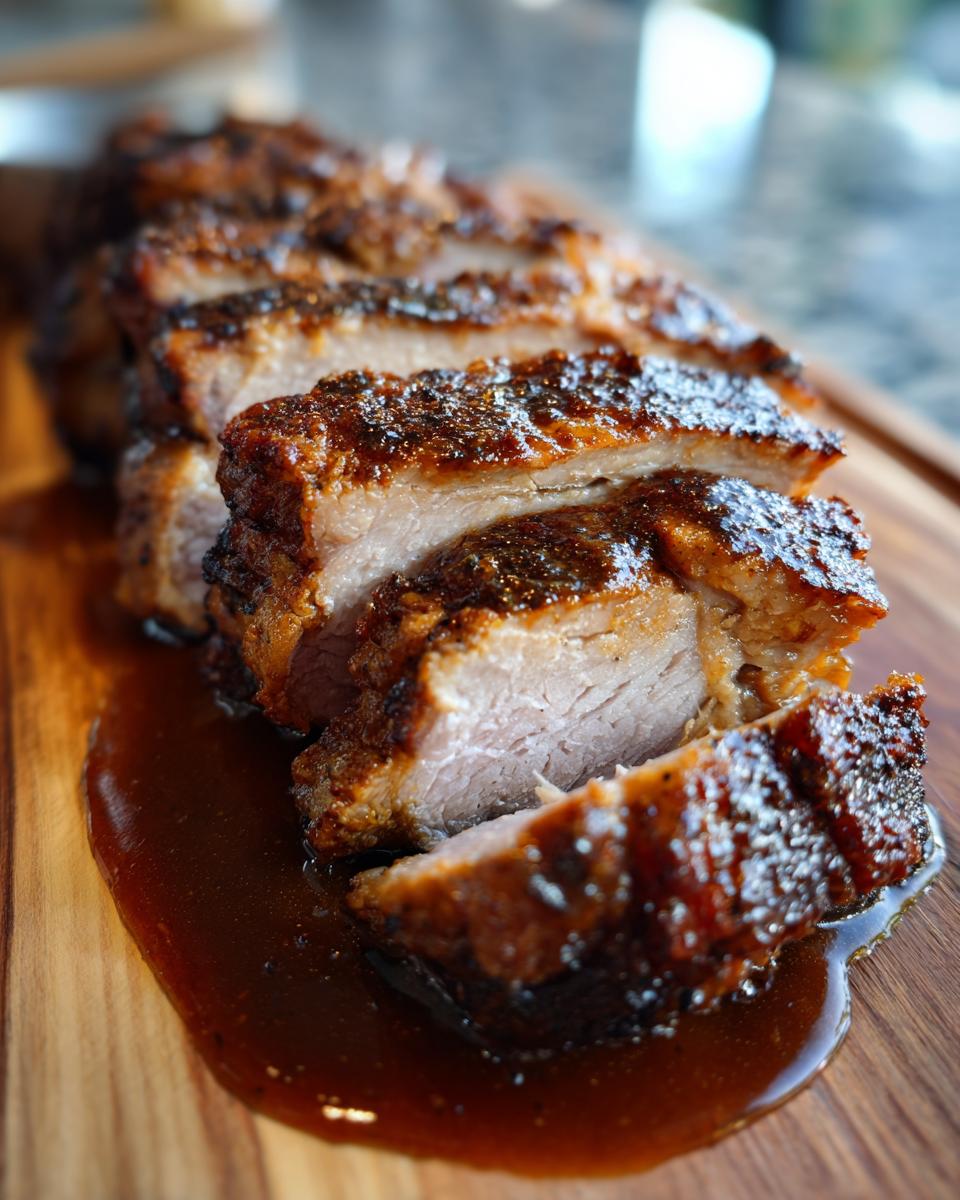 Anschnitt von saftigem Schweinebraten mit knuspriger Kruste, übergossen mit dunkler Biersauce.