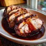 Anschnitt von saftigem Schweinebraten mit glänzender Biersauce, perfekt für das Rezept.