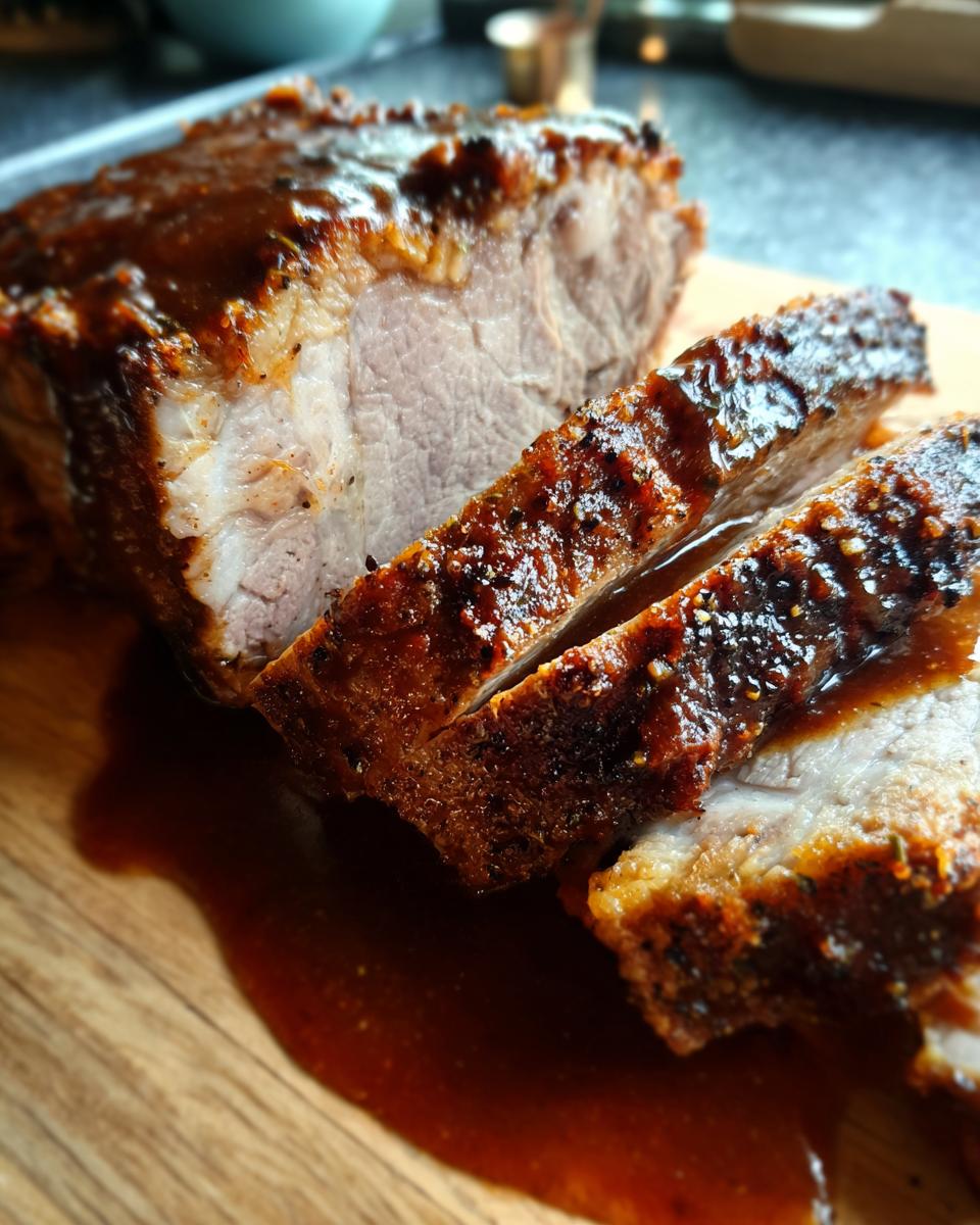 Ein Anschnitt von einem saftigen Schweinebraten mit knuspriger Kruste und dunkler Biersauce.