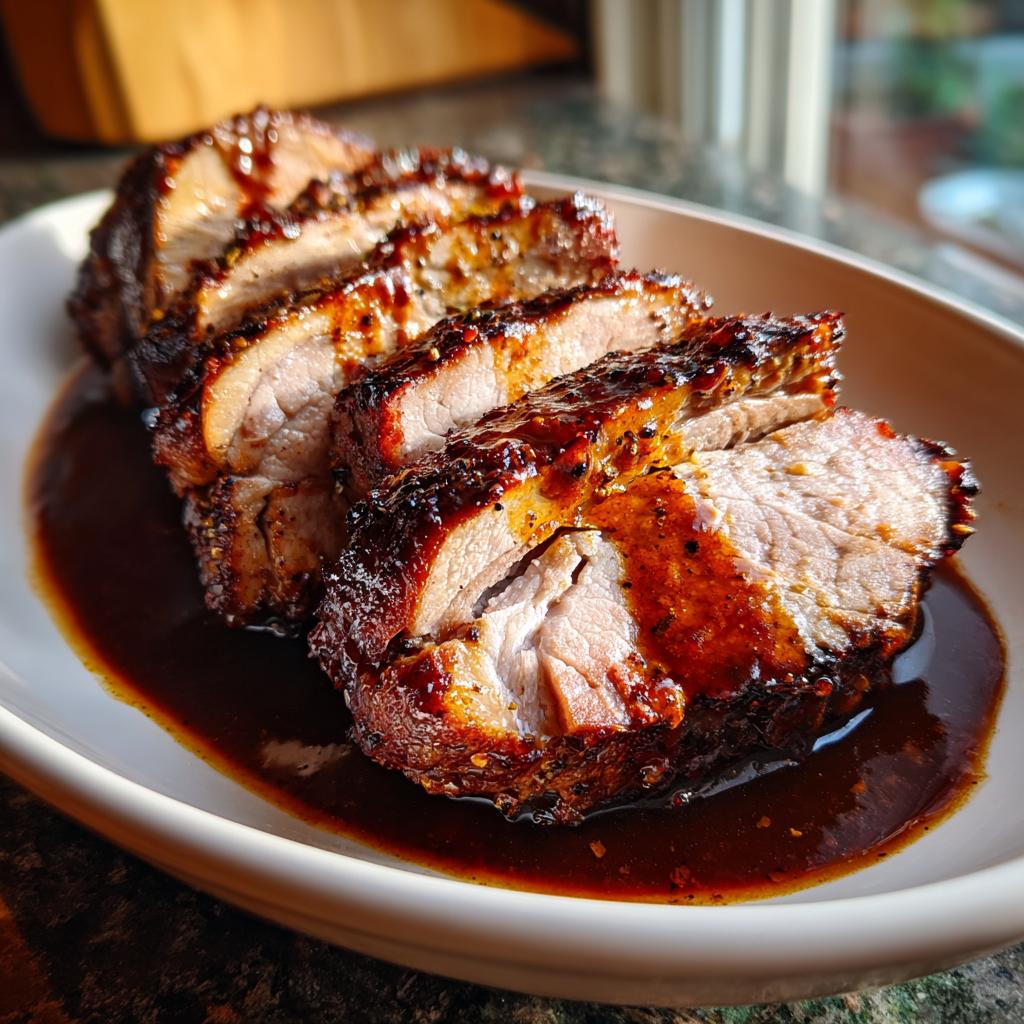 Anschnitt von saftigem Schweinebraten mit glänzender Biersauce, perfekt für das Rezept.