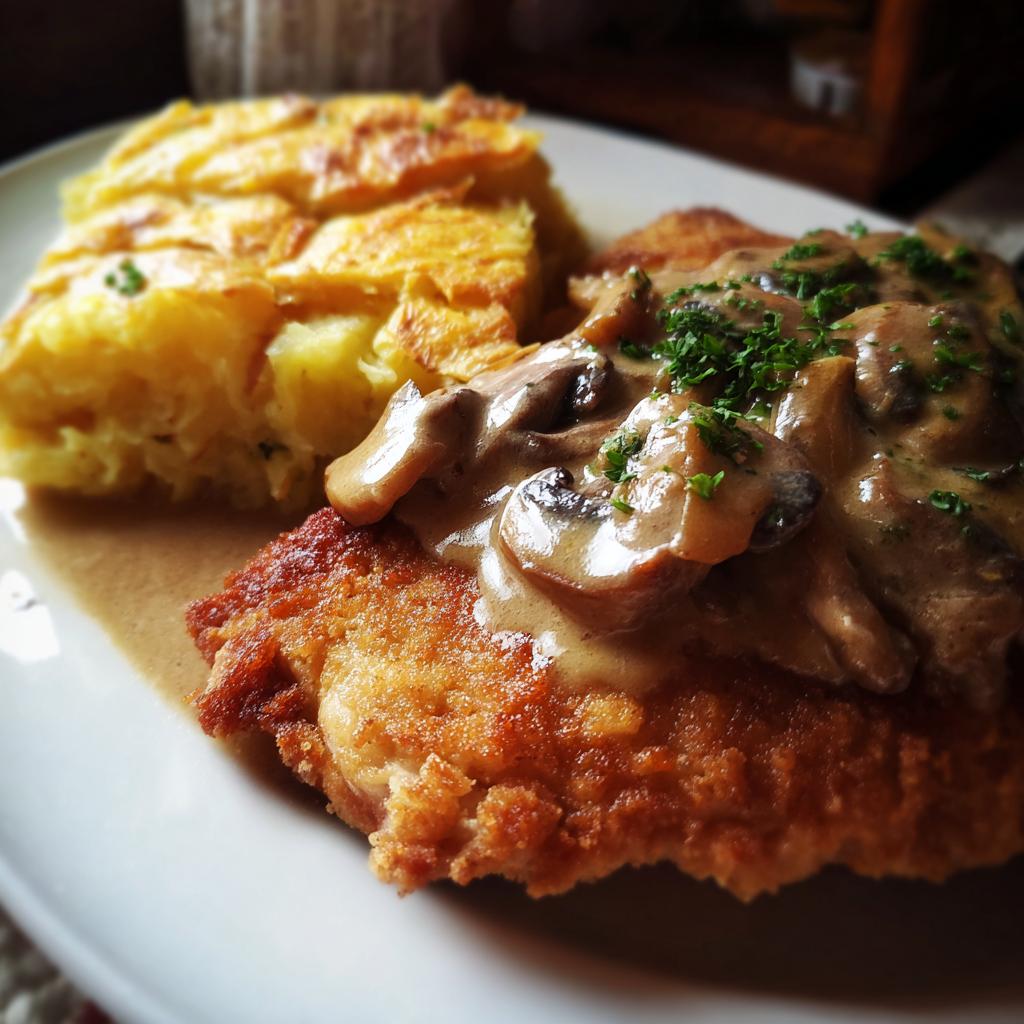 Ein goldbraunes Schweinefilet-Schnitzel mit cremiger Pilzrahmsoße und dazu ein leckeres Kartoffelgratin.