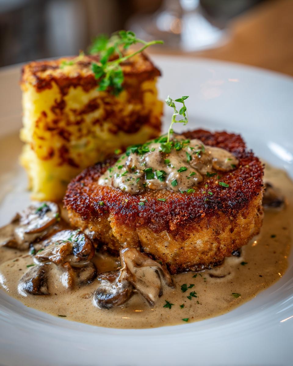 Ein zartes Schweinefilet-Schnitzel mit knuspriger Panade, überzogen mit cremigem Pilzrahm und serviert mit einem goldbraunen Kartoffelgratin.