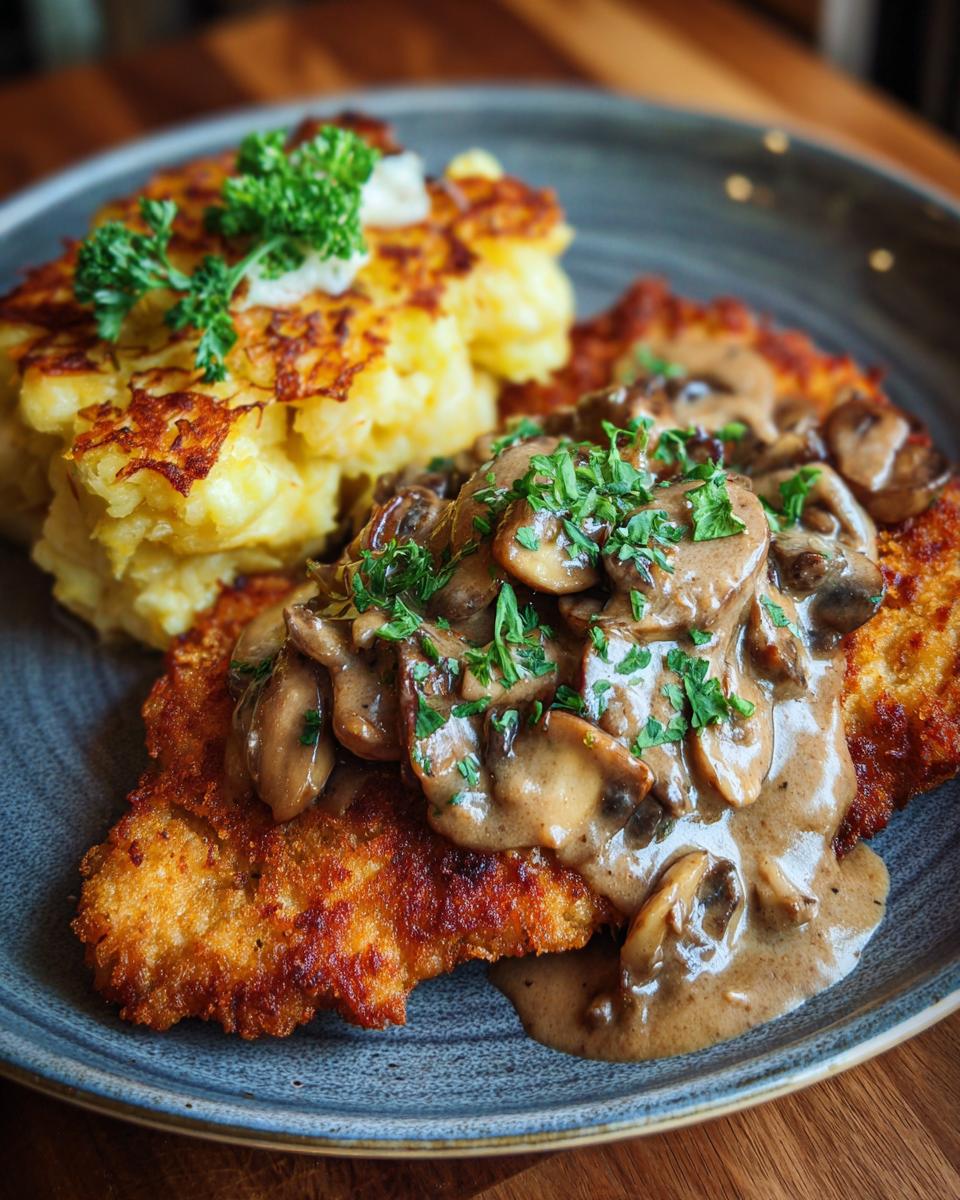 Ein goldbraunes Schweinefilet-Schnitzel übergossen mit cremiger Pilzrahmsoße, dazu Kartoffelgratin und frische Petersilie.