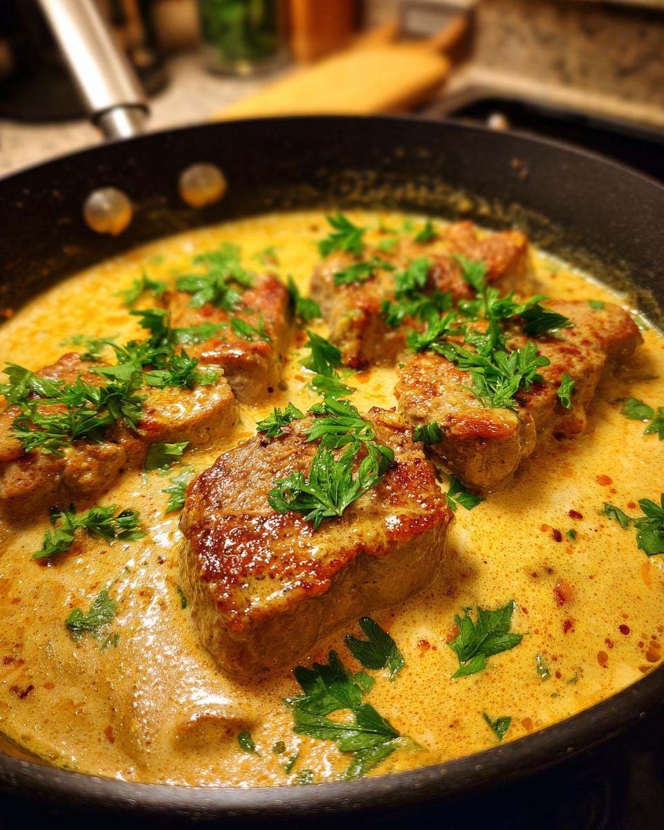 Nahaufnahme von saftigen Schweinemedaillons in cremiger Rahmsauce, garniert mit frischer Petersilie.