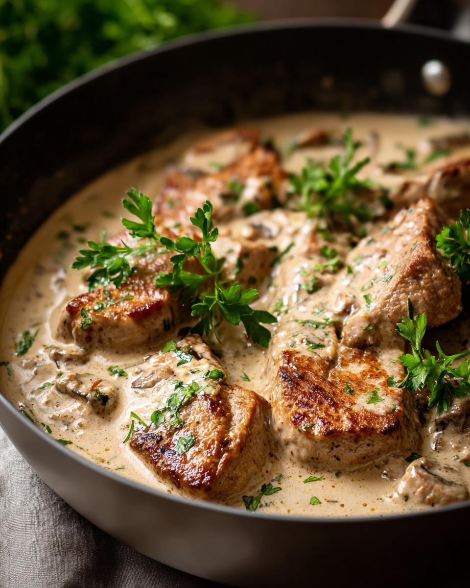 Saftige Schweinemedaillons in cremiger Rahmsauce, garniert mit frischer Petersilie.