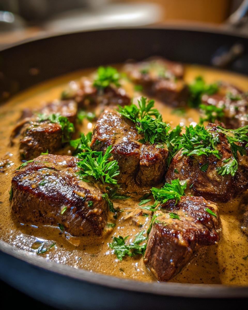 Nahaufnahme von saftigen Schweinemedaillons in cremiger Rahmsauce, garniert mit frischer Petersilie.