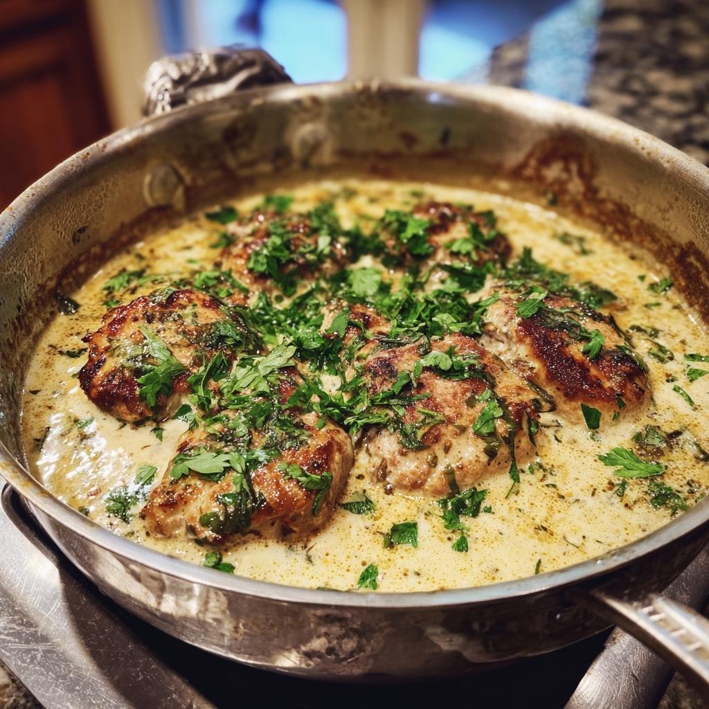Schweinemedaillons in cremiger Rahmsauce, garniert mit frischer Petersilie, in einer Pfanne serviert.