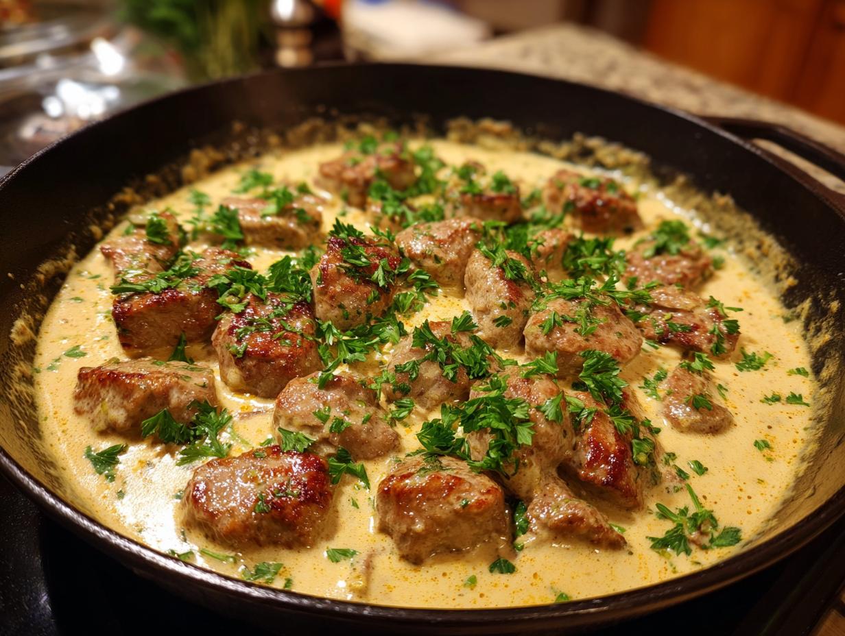 Nahaufnahme von saftigen Schweinemedaillons in cremiger Rahmsauce, garniert mit frischer Petersilie.