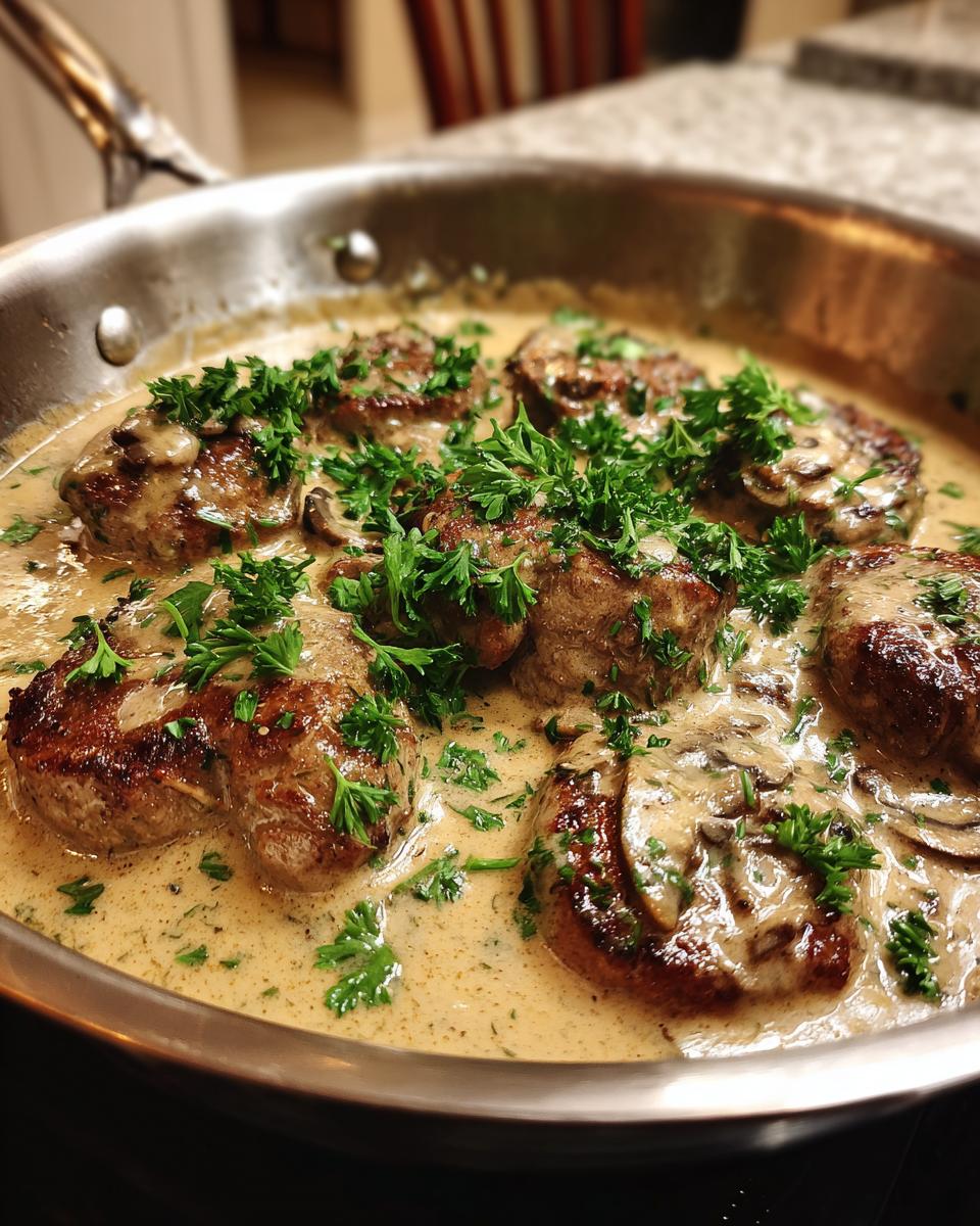 Schweinemedaillons in cremiger Rahmsauce, garniert mit frischer Petersilie, in einer Pfanne.