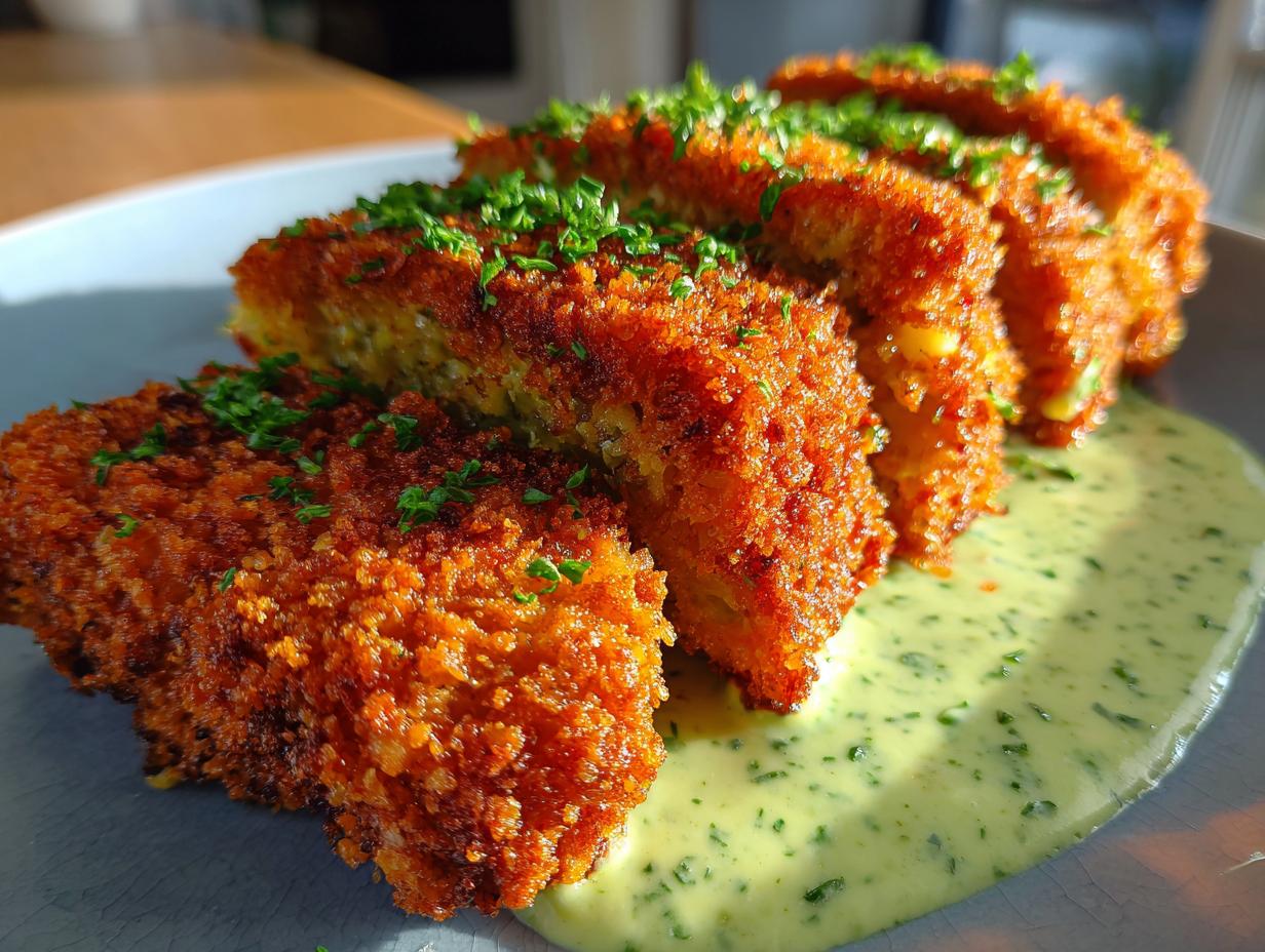 Goldbraun paniertes Sellerieschnitzel mit Petersiliensauce und frischer Petersilie garniert.