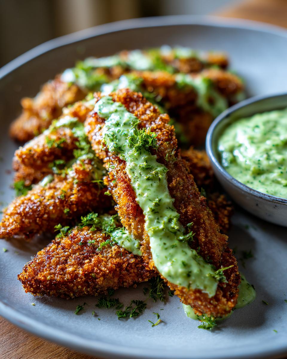 Knusprig gebratenes Sellerieschnitzel mit einer cremigen Petersiliensauce und frischer Petersilie garniert.