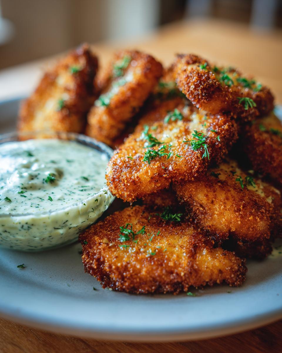 Goldbraun paniertes Sellerieschnitzel mit Petersiliensauce, garniert mit frischer Petersilie.