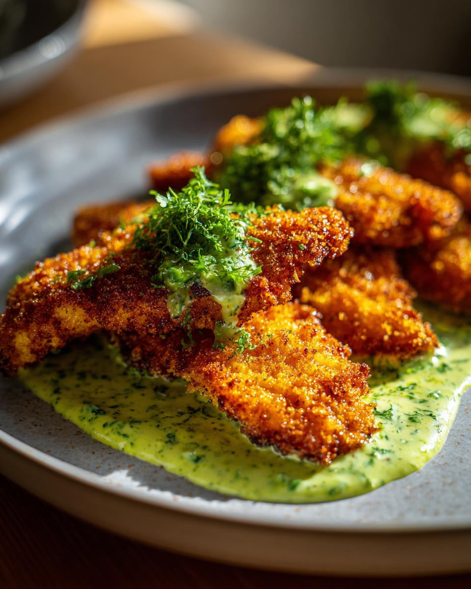 Goldbraun paniertes Sellerieschnitzel mit einer cremigen Petersiliensauce und frischer Petersilie garniert.