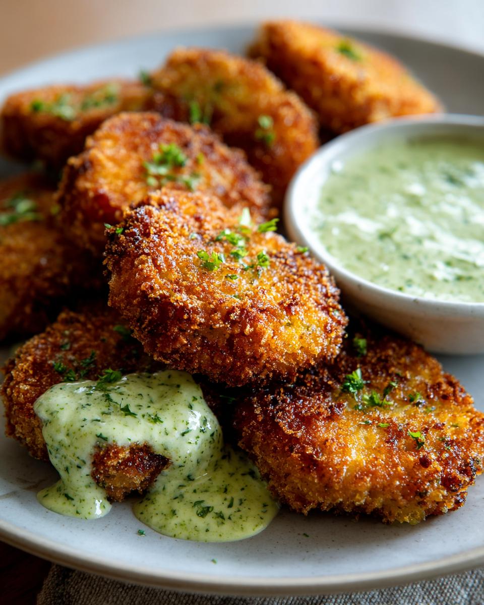 Goldbraun paniertes Sellerieschnitzel mit cremiger Petersiliensauce serviert auf einem Teller.