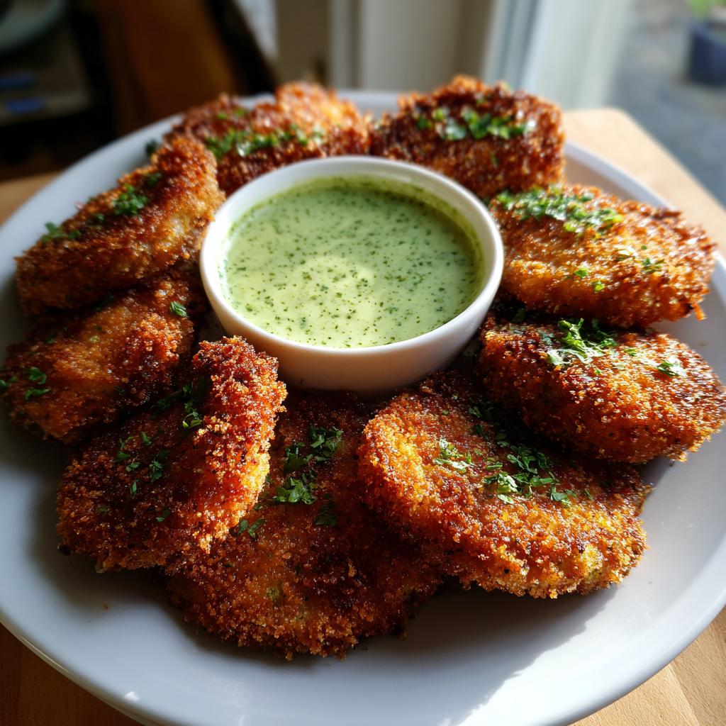 Goldbraun paniertes Sellerieschnitzel mit einer Schale Petersiliensauce, garniert mit frischer Petersilie.