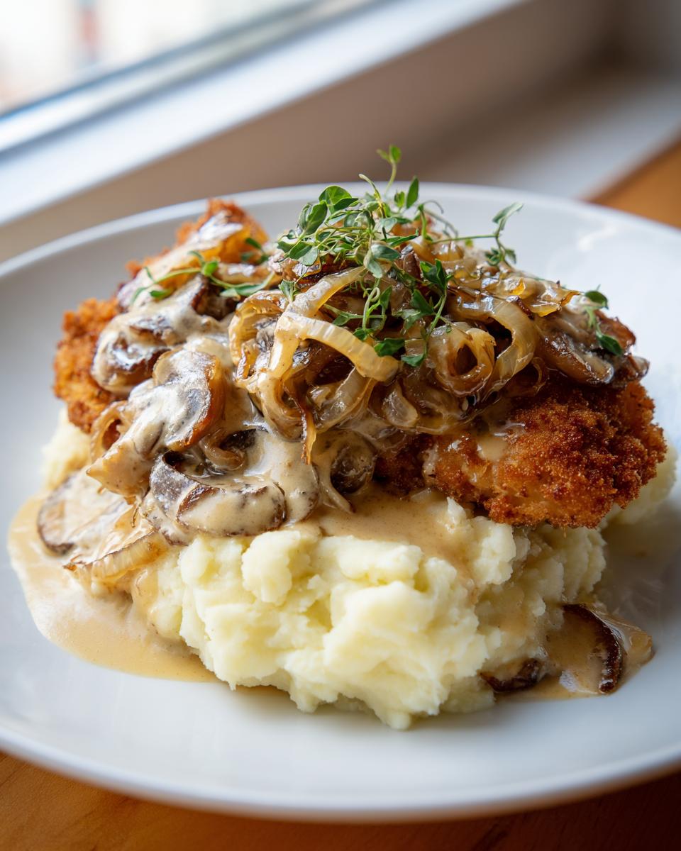 Herzhaftes Senf-Zwiebel-Schnitzel mit cremigem Kartoffelbrei und Pilz-Zwiebel-Soße.