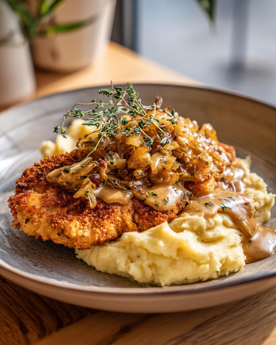 Ein knuspriges Senf-Zwiebel-Schnitzel mit cremigem Kartoffelbrei und einer herzhaften Soße, garniert mit frischen Kräutern.