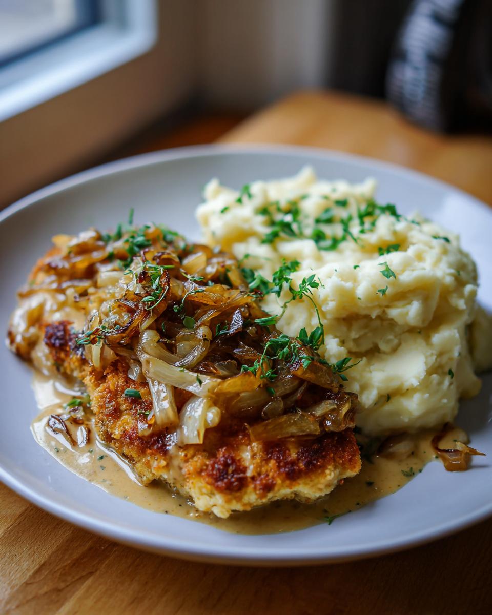 Herzhaftes Senf-Zwiebel-Schnitzel mit cremigem Kartoffelbrei, garniert mit frischen Kräutern.