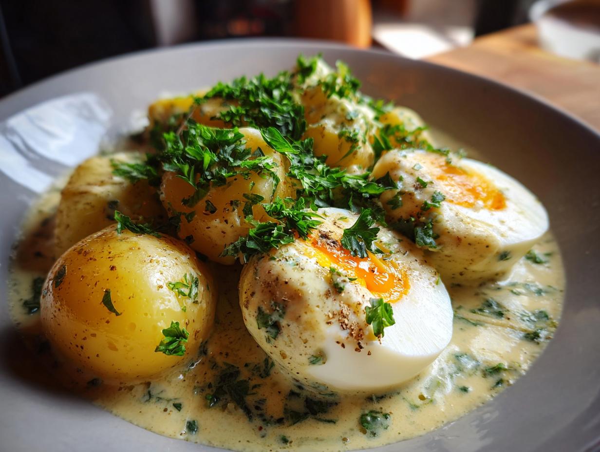 Nahaufnahme von Senfeier mit Salzkartoffeln, garniert mit Petersilie und cremiger Senfsoße.