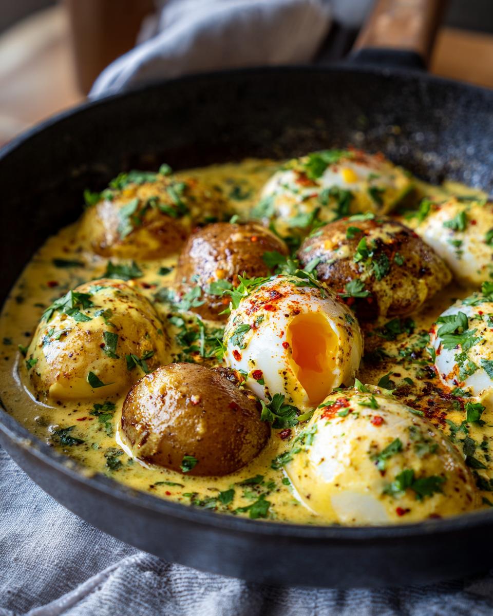 Senfeier mit Salzkartoffeln in einer Pfanne, mit flüssigem Eigelb und frischer Petersilie bestreut.