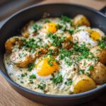 Nahaufnahme von Senfeier mit Salzkartoffeln in einer Pfanne, garniert mit Petersilie und einem cremigen Senfsaucen-Dressing.