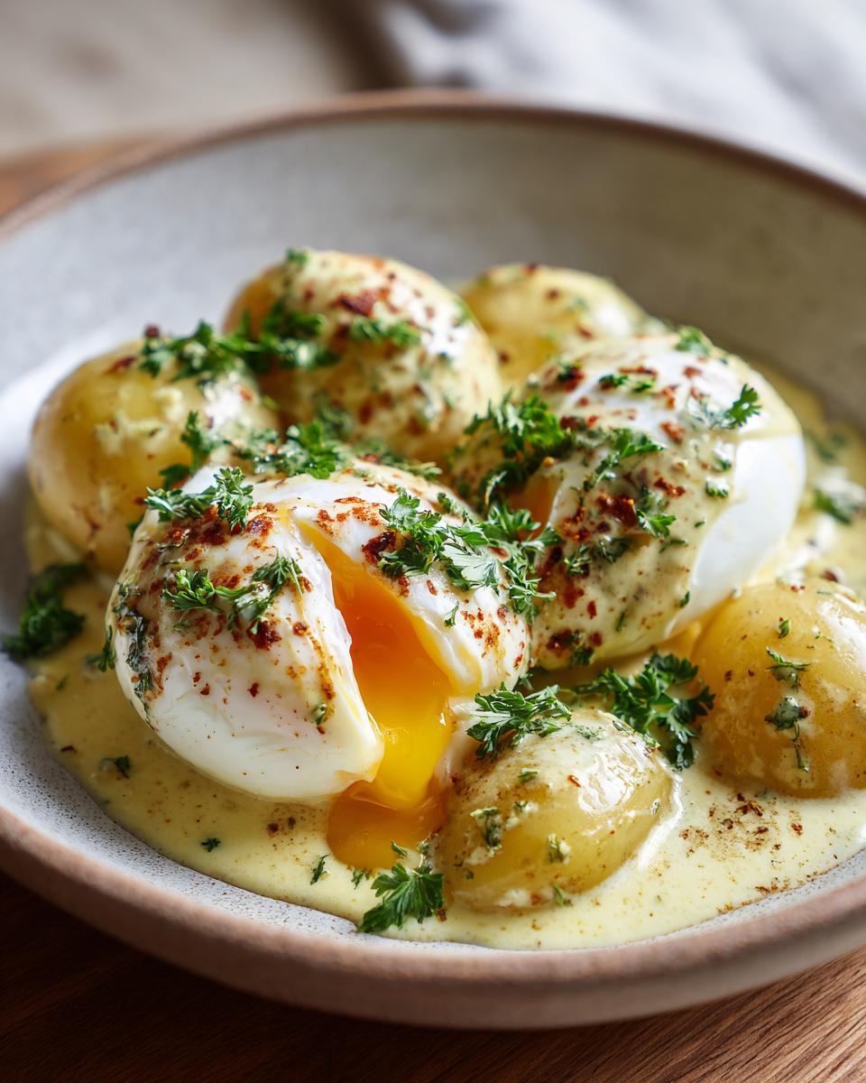 Nahaufnahme von Senfeier mit Salzkartoffeln, ein pochiertes Ei läuft aus, garniert mit Petersilie.