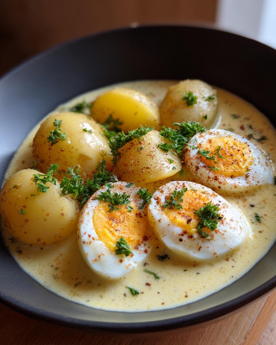 Nahaufnahme von Senfeier mit Salzkartoffeln, garniert mit Petersilie und Paprikapulver.