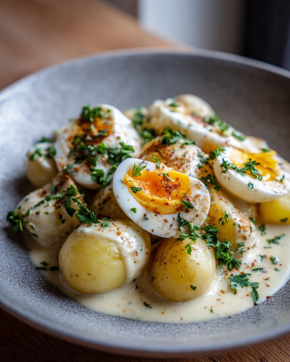 Ein Teller mit Senfeier und Salzkartoffeln, garniert mit Petersilie und Paprikapulver.