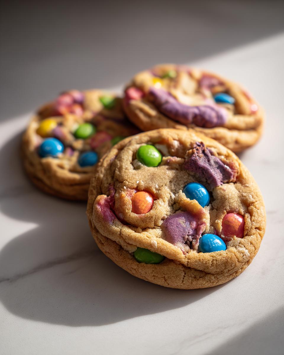 Drei unwiderstehlich weiche Smarties Cookies mit bunten Schokolinsen, die auf einer hellen Oberfläche liegen.