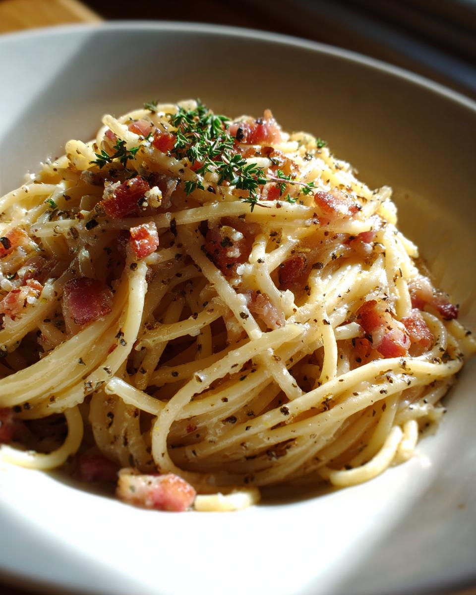 Nahaufnahme von Spaghetti Carbonara (klassisch, ohne Sahne) mit Speckwürfeln und frischen Kräutern.