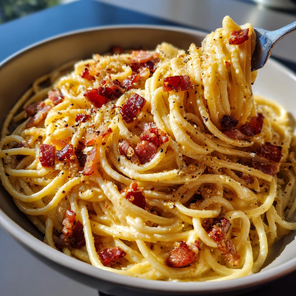 Eine Gabel hebt eine Portion cremige Spaghetti Carbonara (klassisch, ohne Sahne) mit knusprigen Speckwürfeln und frisch gemahlenem Pfeffer.