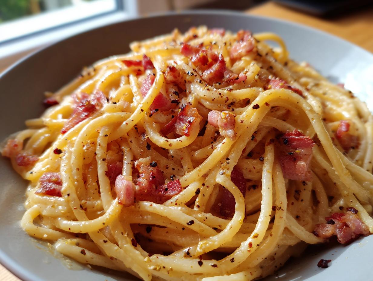 Nahaufnahme eines Tellers mit klassischer Spaghetti Carbonara, garniert mit Speck und schwarzem Pfeffer.