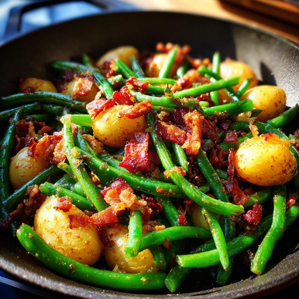 Nahaufnahme von Speckbohnen mit Butterkartoffeln in einer Pfanne, appetitlich angerichtet.
